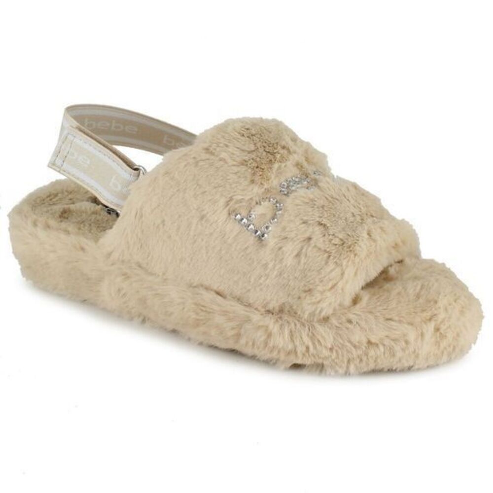 Bebe Jeanna Rhinestone Logo Beige Faux Fur Slingback Open Toe Slippers